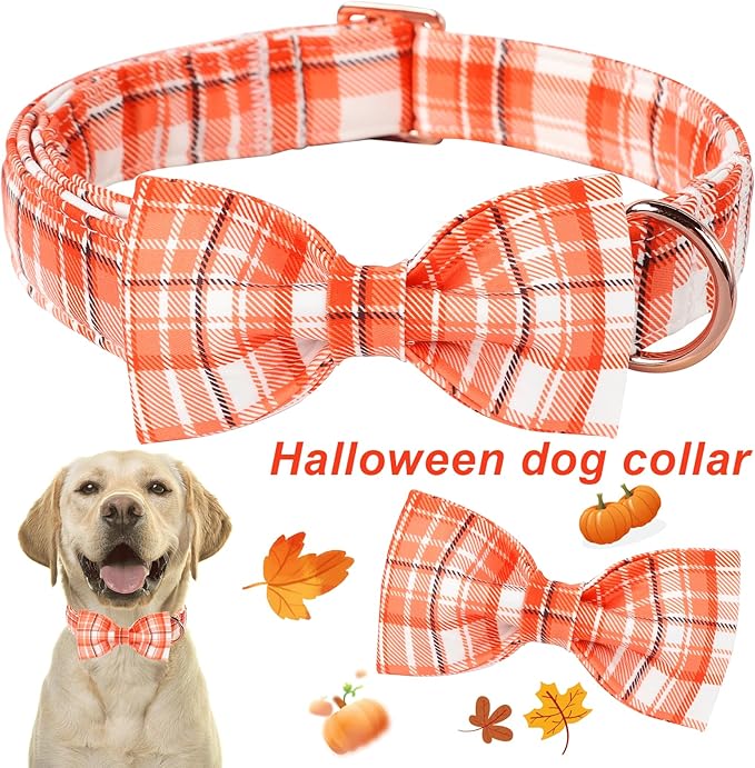 ARING PET Halloween Dog Collar-Cute Orange Plaid Dog Collar with Bow