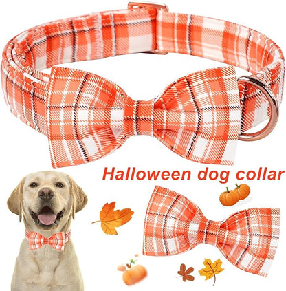 ARING PET Halloween Dog Collar-Cute Orange Plaid Dog Collar with Bow