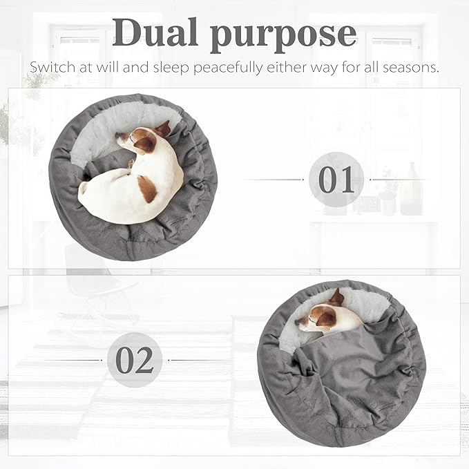Dog Bed Warm with Hooded Blanket 26.5 lbs, 23.6inch Grey