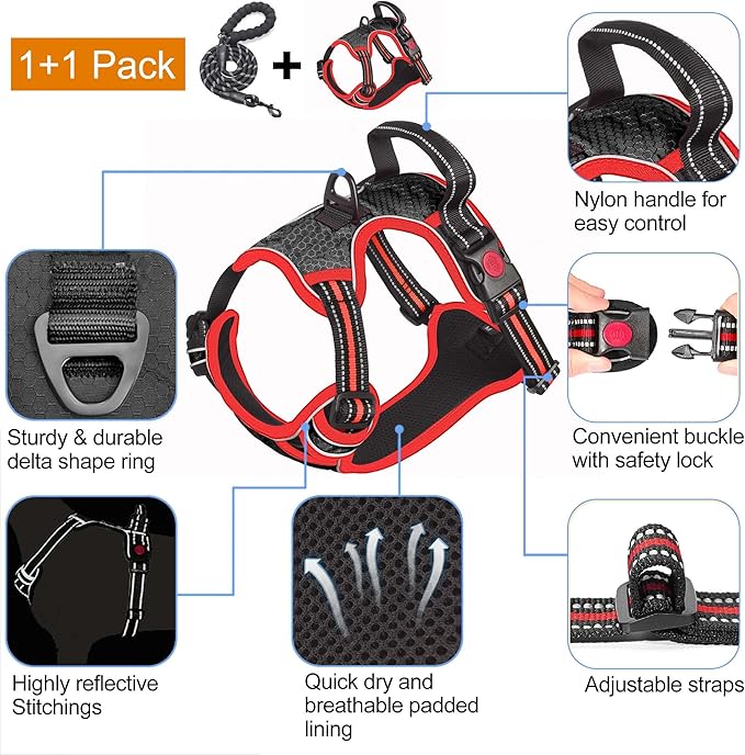 tobeDRI No Pull Harness Adjustable Reflective Oxford Easy Control Medium Large Dogs with A Free Heavy Duty 5ft Leash