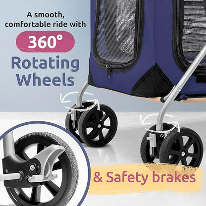 Large Premium Cat Stroller. Fits Up to 2 Cats. Pet Stroller with Top Loading & Side Loading