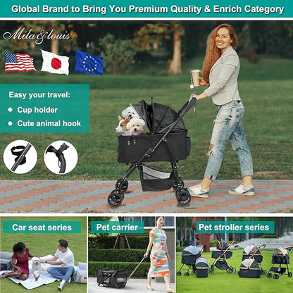 MILA&LOUIS Foldable Dog Stroller 4 Wheels 3 in 1 Folding 30lbs