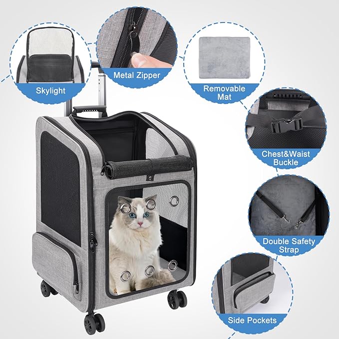 Extra Large Pet Carrier Backpack with Wheels Cats Under 30 Lbs, for Dogs Puppies Rabbits Other Animals Under 25 Lbs, Great for Travel/Hiking/Outdoor Use