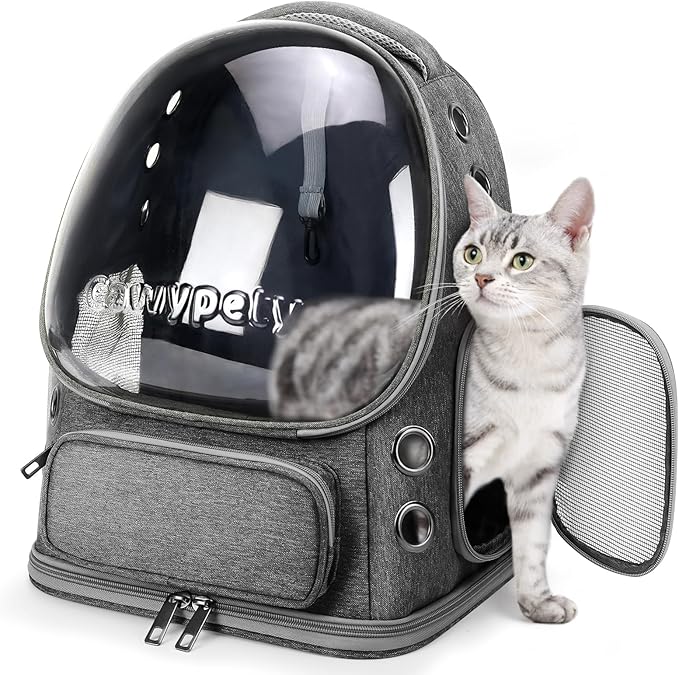 Cat Backpack Carrier, Breathable Cat Carrier Large Space Bubble Pet Backpack for Kitty Small Dog up to 12lbs, Transparent & Foldable Pet Carrier for Travel Hiking