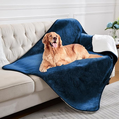 Waterproof Blanket for Bed Couch Sofa, Soft Liquid Pee Proof Pet Blanket for Dog Puppy Cat, Reversible Sherpa Fleece Blanket for Furniture Protector (Navy Blue, 50x60 inches)