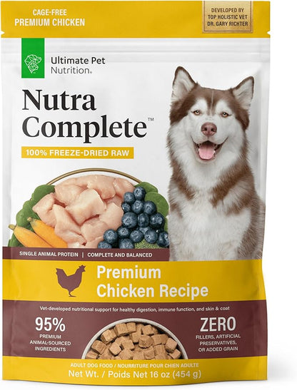 ULTIMATE PET NUTRITION Nutra Complete Raw Freeze Dried Dog Food, Veterinarian Formulated with Antioxidants, Prebiotics & Amino Acids (1 Pound, Chicken)