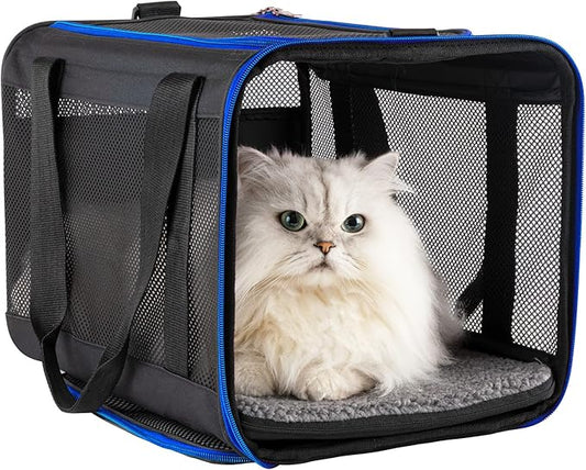 petisfam Easy Load Soft Pet Carrier Bag Cat for Medium, Large Cats, Puppy, Sturdy, Collapsible, Comfy, Black w/Blue Trim, L