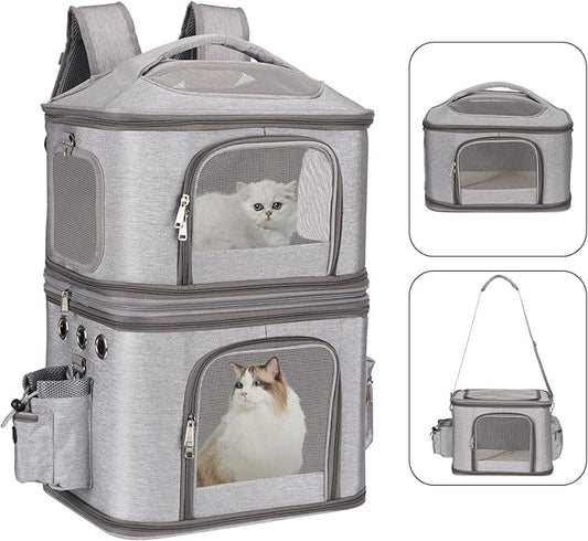 Detachable Double Pet Carrier Backpack for Cats and Small Dogs, Cat Travel Carrier for 2 Cats, Perfect for Traveling/Hiking/Camping, Grey