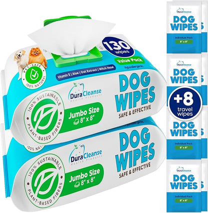 Dog Wipes for Paws Butt and Ears - 2 Pack | 260 Count + 8 Travel Pet Wipes - 8" x 8" Large Dog Grooming Bath Wipes - Hypoallergenic, Extra Thick Cleaning Deodorizing Puppy Wipes for Dogs, Cats, Pets