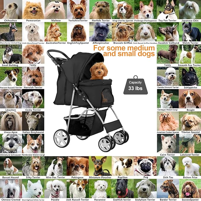 Pet Stroller for Small Dogs and CatsQuick-Folding Portable Travel Cat Dog Stroller with Storage Basket and Cup Holder 4 Wheels,