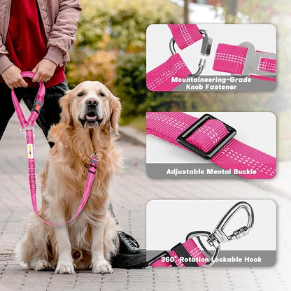 Dog Seat Belt for Car, Adjustable 4-in-1 Dog Car Seatbelt Leash with Hook & Buckle, Reflective Dog Seatbelt Harness for Car with Vehicle Car Headrest & Swivel Carabiner and Poop Bag, Rose