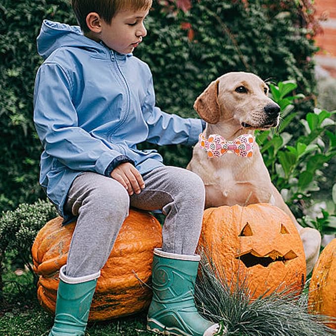 Lionheart glory Fall Dog Collar with Bowtie Halloween Pumpkin Dog Collars Bow Tie Heavy Soft Adjustable Collar for Large Dogs Thanksgiving Day Dog Bow Collar Pet Gift