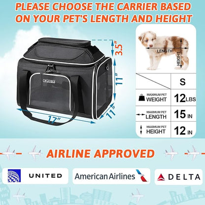 Petskd Top-Expandable Pet Carrier 17x11x11 Inches Delta American United Airline Approved, Soft-Sided Carrier for Small Cats and Dogs with Locking Safety Zippers and Anti-Scratch Mesh(Black)