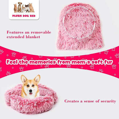 3in1 Dog Beds for Small Dogs with Blanket Attached and Removable Cover, Fluffy Donut Calming Cat Beds Washable Round(Pink,Small)