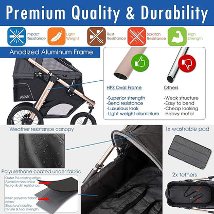 HPZ Pet Rover Run Performance Jogging Sports Stroller with Comfort Rubber Wheels/Zipper-Less Entry/1-Hand Quick Fold/Aluminum Frame for Small/Medium Dogs