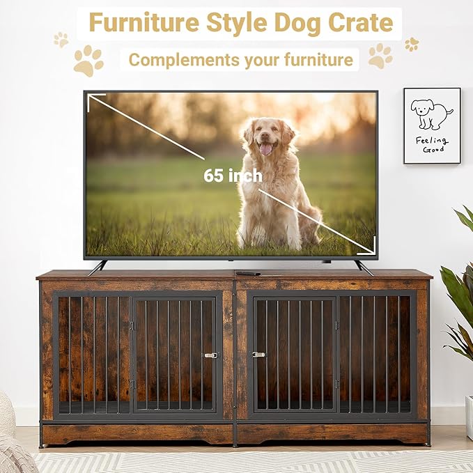 Rovibek 75'' Double Dog Crate Furniture for 2 Large Dogs