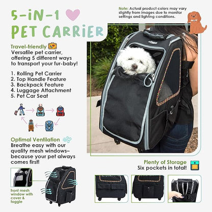 Petique 5-in-1 PET Carrier, Features: Rolling, Top Handle, Backpack, Luggage Attachment, Car Seat All in ONE for Small to Medium Dog, Cat, Bunny, Supports Pets up to 25LBS - Sunset Strip