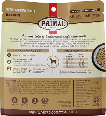 Primal Freeze Dried Dog Food Pronto, Lamb; Scoop & Serve, Complete & Balanced Meal; Also Use as Topper or Treat; Premium, Healthy, Grain Free, High Protein Raw Dog Food (25 oz)