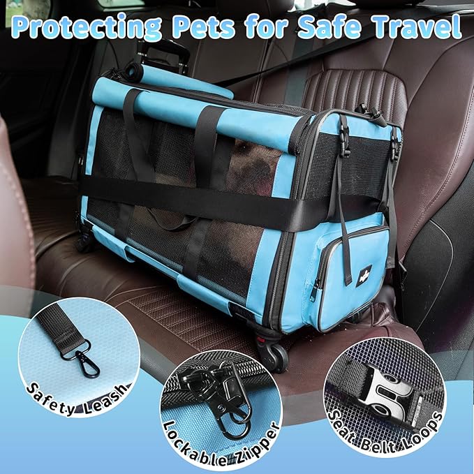 Large Cat Carrier with Wheels, Foldable Rolling Cat Carrier for 2 Cats with Wheels for Cat Dog Under 30 lbs, Cat Carrier Travel Bag with Large Pocket for Outdoor, Blue