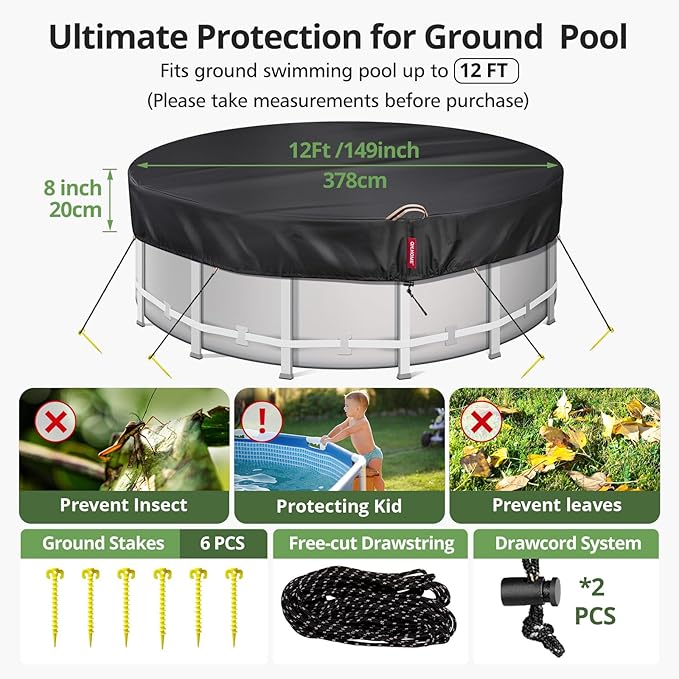 12Ft Round Pool Cover with 738N Strong Tear Resistant [600D Upgrade Extra Dense Heavy Duty Fabric] Swimming Pool Cover for Above Ground Pools