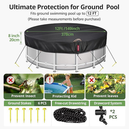 12Ft Round Pool Cover with 738N Strong Tear Resistant [600D Upgrade Extra Dense Heavy Duty Fabric] Swimming Pool Cover for Above Ground Pools