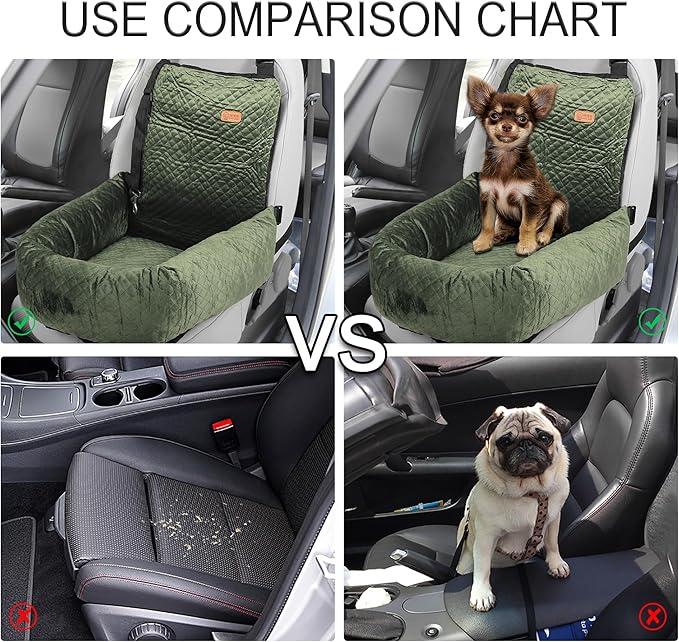 X AUTOHAUX Car Dog Bed Cat Seats Booster Seat Flannel Puppy Bed Back Car Dog Seat Travel Safety Carseat/Carrier Washable Cover with Seat Belt for Medium Small Sized 5-15 lb Green