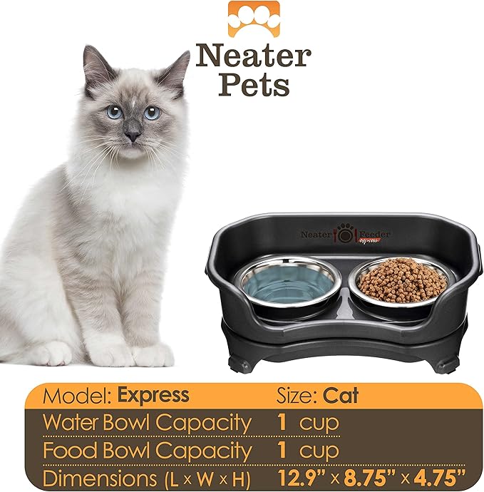 Neater Feeder - Express Model - Mess-Proof Cat Bowls (Cat, Black) – Made in USA – Elevated, No Spill, Non-Tip, Non-Slip, Raised Stainless Steel Food & Water Pet Bowls