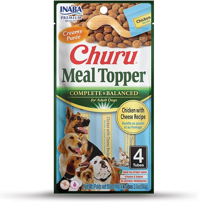 INABA Churu Meal Topper for Dogs, Complete & Balanced, Creamy, Lickable Purée Dog Food Topper, 0.5 Ounce Tube, 4 Tubes (4 per Pack) Chicken with Cheese Recipe