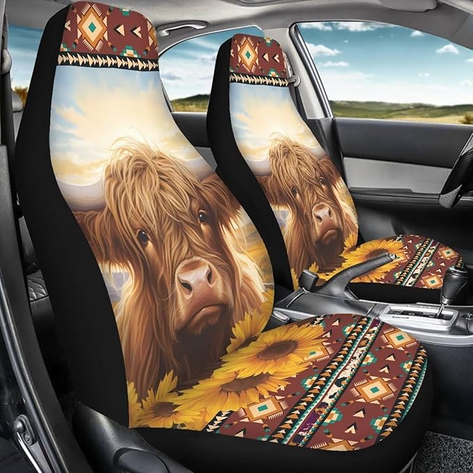 Highland Cow Sunflower Car Seat Covers for Front Seats SUV Truck Van Sedans Aztec Bucket Seat Covers for Women Men