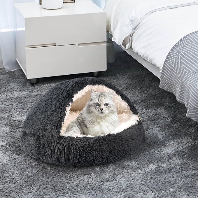 Round Hooded Cat Bed & Dog Bed with Cover Cave 16inch x 16inch)
