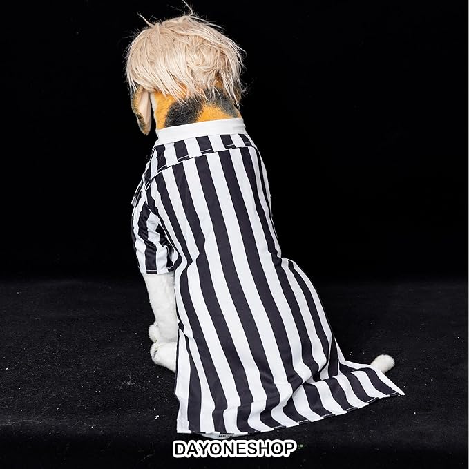 Black Striped Dog Suit wit Blonde Wig Scientist Dog Costume Pet Costume Cosplay Clothes Outfit Accessories Party Favors (Medium, Striped Clothes with Wig)