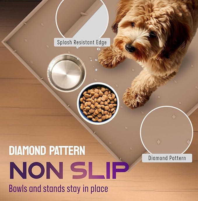 32x24x1” XL Dog Food Mat - All Purpose Silicone Pet Food Mat, Cat Litter Mat, Under Sink Mat - Raised Edges Dog Mat for Food and Water Prevent Spill, Waterproof Cat Food Mat Protect Floors