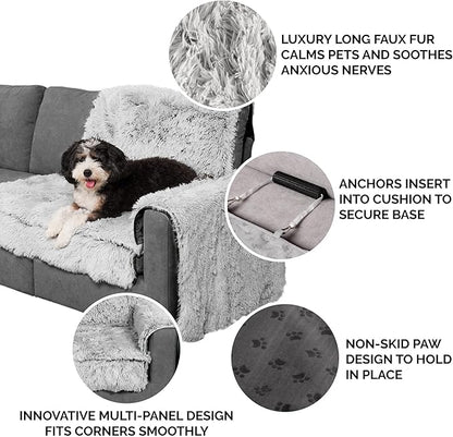 Furhaven Corner Cushion Seat Cover for Dogs & Cats, Washable, For Couches, Sectional Sofas, & L Shaped Couches - Snuggle Spot Shaggy Long Faux Fur Corner Throw - Mist Gray, One Size