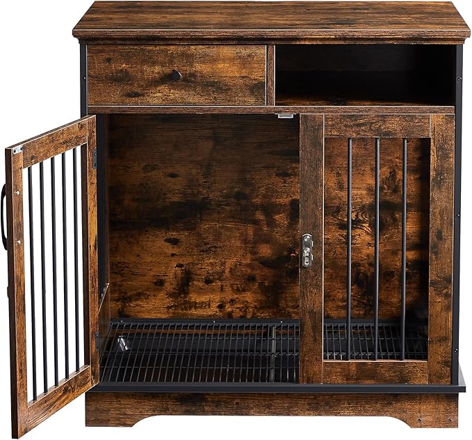 Okak Dog Crate Furniture Style Dog Cage Side Table With Drawers Wooden Dog Crate With Double Sliding Iron Doors Dog Kennel Indoor For Medium/Large Dog Brown,32.28" L
