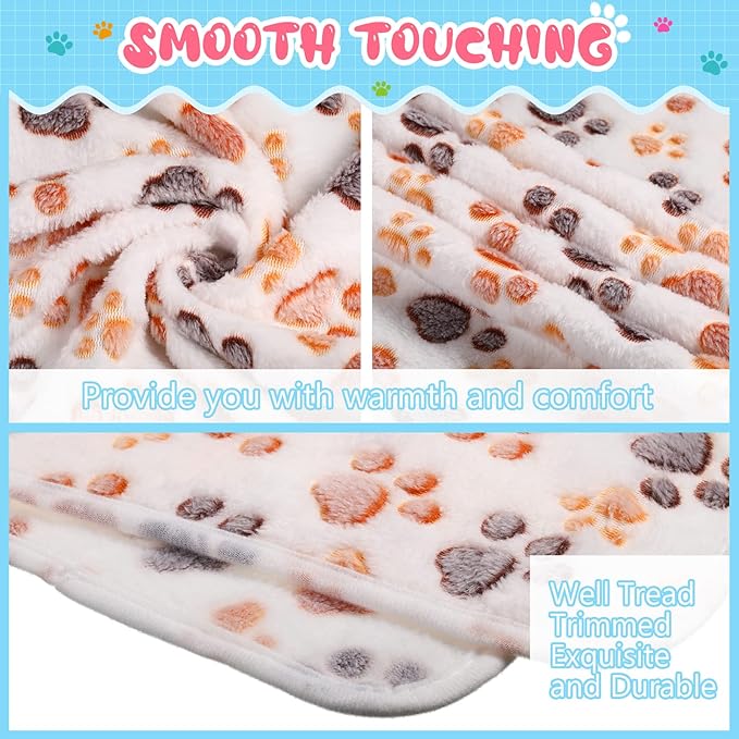 4 Pcs Pet Blanket Dog Puppy Blanket Paw Print Fleece Blanket for Small Medium Pet Dog Cat Warm Soft Sleep Mat Guinea Pig Cage Liners Blanket (White,Large(41 x 30 Inch))