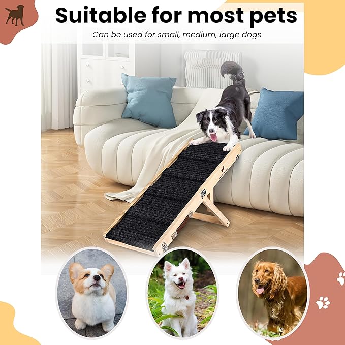 Adjustable Dog Ramp for Small Dogs | 4 Heights (10-17.3") | Folding, Non-Slip Pet Ramp | Durable Wooden Ramp for Low heighted Beds