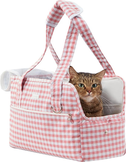 Red Plaid Pattern Cushioned Pet Carrier for Dogs & Cats for Small Medium Pets - Up to 15 lbs - 15.7 x 7.8 x 9.8 Inch Dog or Cats