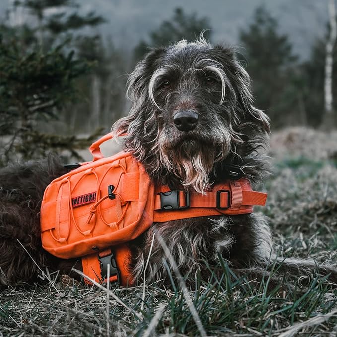 OneTigris Dog Backpack for Medium & Large Dogs, Nylon Backpack for Dogs Tactical Pet Backpack with Side Pockets for Hiking Walking Training Running (Orange, Medium)