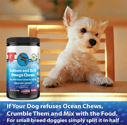 Wild Alaskan Salmon Krill Oil Chews for Dogs - 120 Soft Treats - Omega 3 6 9 Fish Supplement EPA, DHA for Itch-Free Skin Coat Joints - Allergy Relief - Reduce Hair Shedding - Made in USA