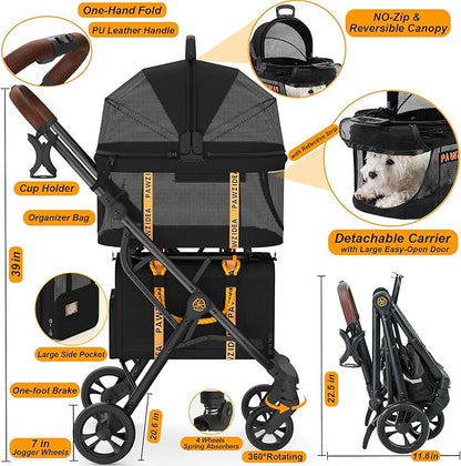 PAWZIDEA Double Pet Stroller for 2 Cats Dogs Small & Medium, TSA Airline Approved Cat Carrier Expandable, Cat Stroller with Removable Carrier Bag, 2 Dog Stroller Detachable Carrier, Travel Car Seat