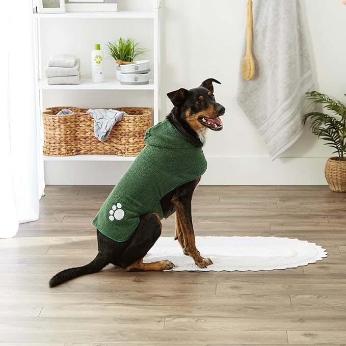 Bone Dry Pet Robe Collection, Embroidered Absorbent Microfiber Bath Robe with Adjustable Closure, for Dogs & Cats, Medium, Hunter Green