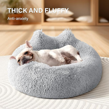 Westen Home Calming Small Dog Bed, Donut Washable Dog Beds for Small Dogs, 27 inches Anti-Slip Round Fluffy Plush Cute Dog Bed, Fits up to 35 lbs Pets, Light Grey