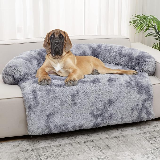 Syalife Shaggy Plush Calming Dog Couch Bed Pet Protector Cover(55"x43"x8", Grey/White)