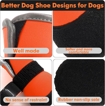 Dog Shoes, Outdoor Dog Boots Non-Slip Waterproof Dog Booties for Medium to Large Dogs 4Pcs for Winter Snowy Day, Summer Hot Pavement with Rugged Sole Orange