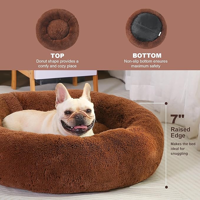 30" Calming Dog Bed with Removable Cover,Anti Anxiety Donut Dog Bed,Plush Round Pet Beds for Medium Dogs,Fluffy Faux Fur Dog Bed,Washable Cuddler Dog Bed(Brown,Medium)