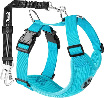 SlowTon Dog Seat Belt Harness for Car, Dog Car Harness Adjustable Mesh Breathable & Dog Seatbelt Safety Tether with Elastic Bungee for Small Medium Large Pets(Light Blue, Double Clip, L)