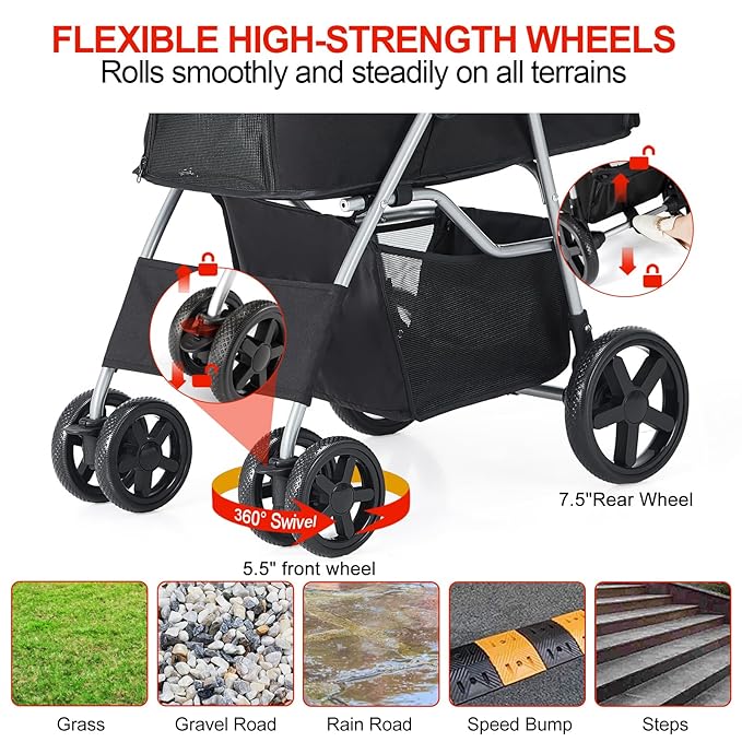 Pet Stroller for Medium Small Dogs and Cats 4 Wheels,