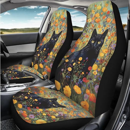 Black Cat Flower Car Seat Covers Front Seats Only Bucket Seat Covers Car Seat Covers for Women Universal Fit Automotive Seat Covers for SUV