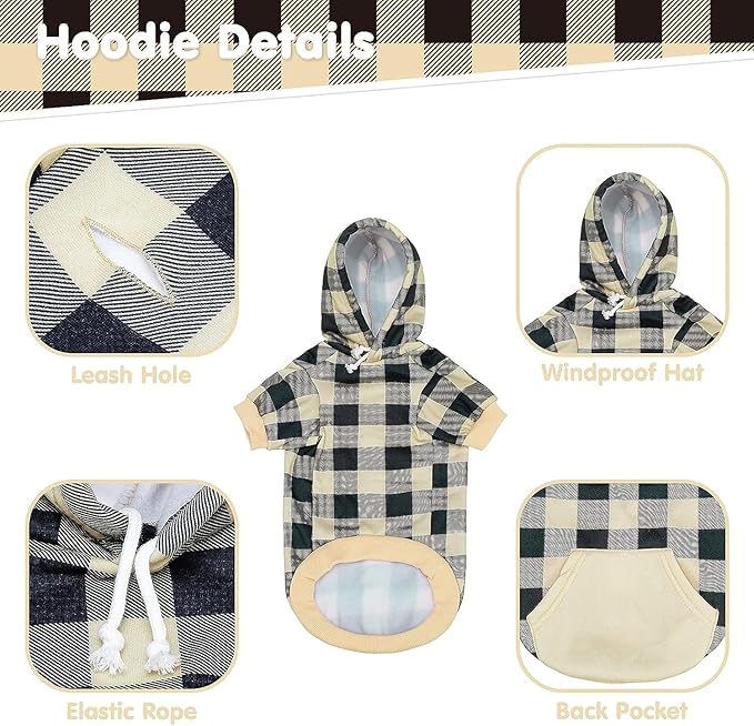 KOOLTAIL Plaid Dog Hoodie Pet Clothes Sweater with Hat and Pocket for Small Medium Large Size Dogs