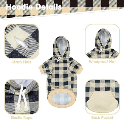 KOOLTAIL Plaid Dog Hoodie Pet Clothes Sweater with Hat and Pocket for Small Medium Large Size Dogs